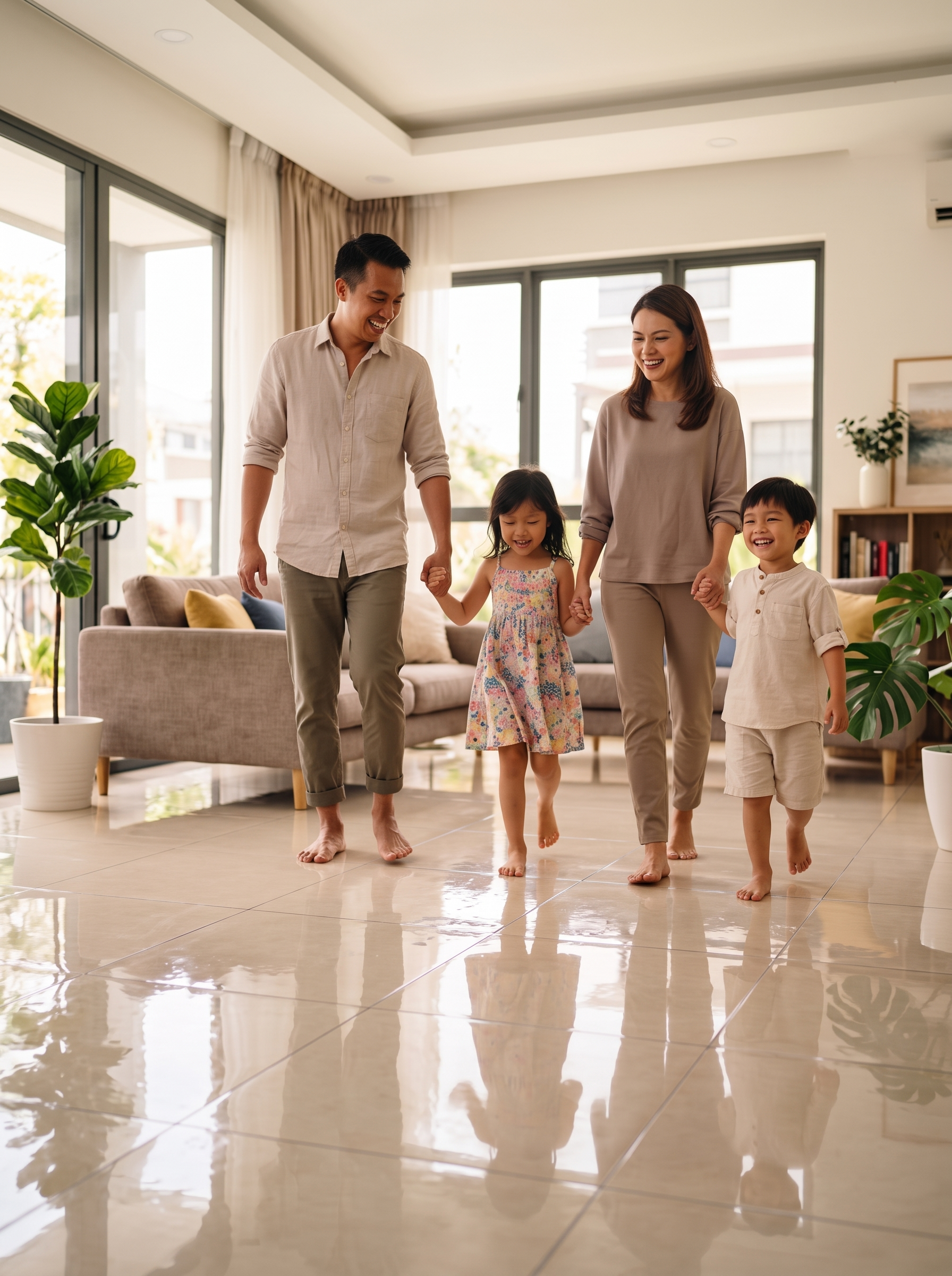 Malaysian family walking safely on treated glossy floor tiles
