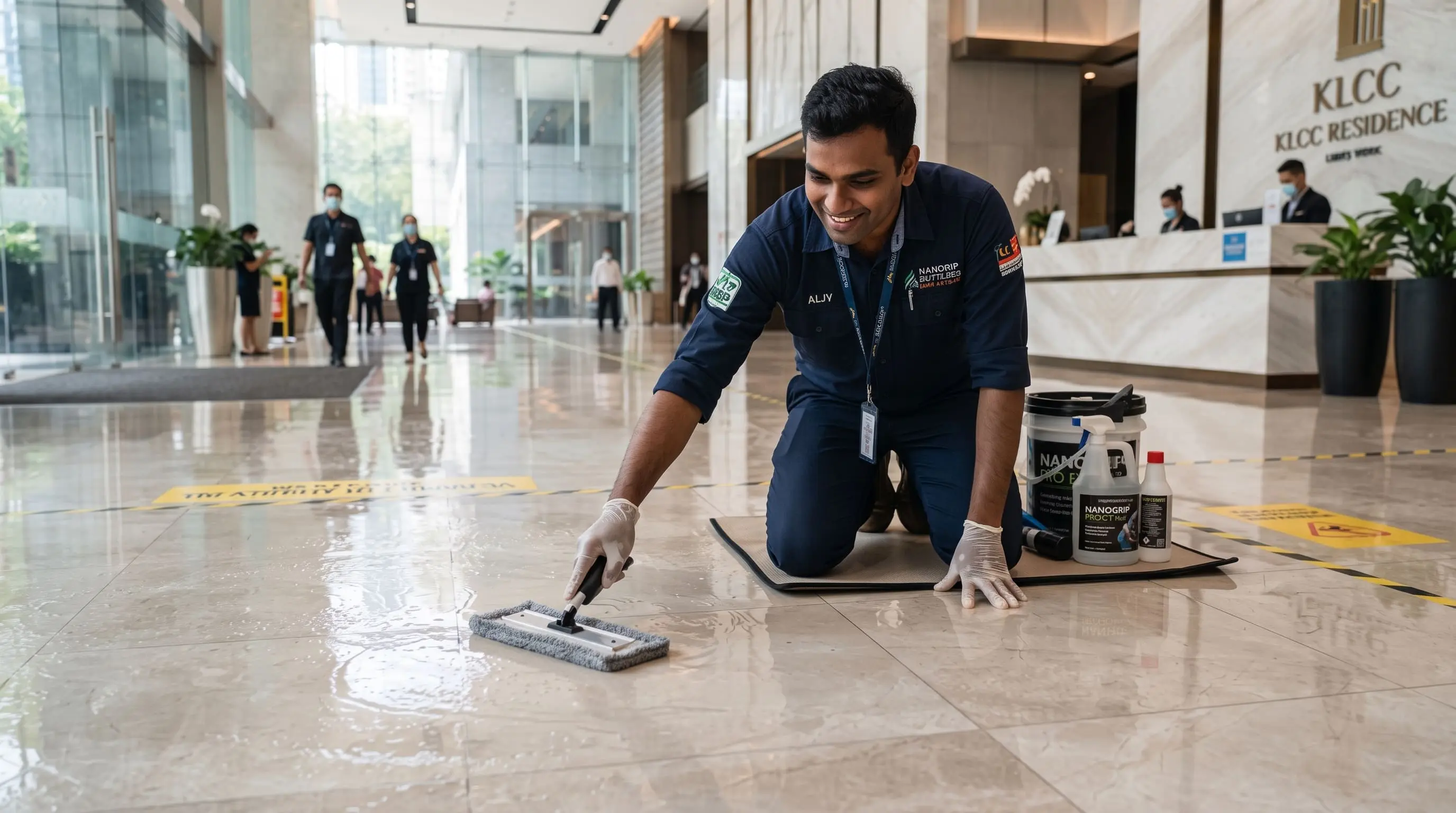 UZT technician applying nano anti-slip treatment on glossy tiles